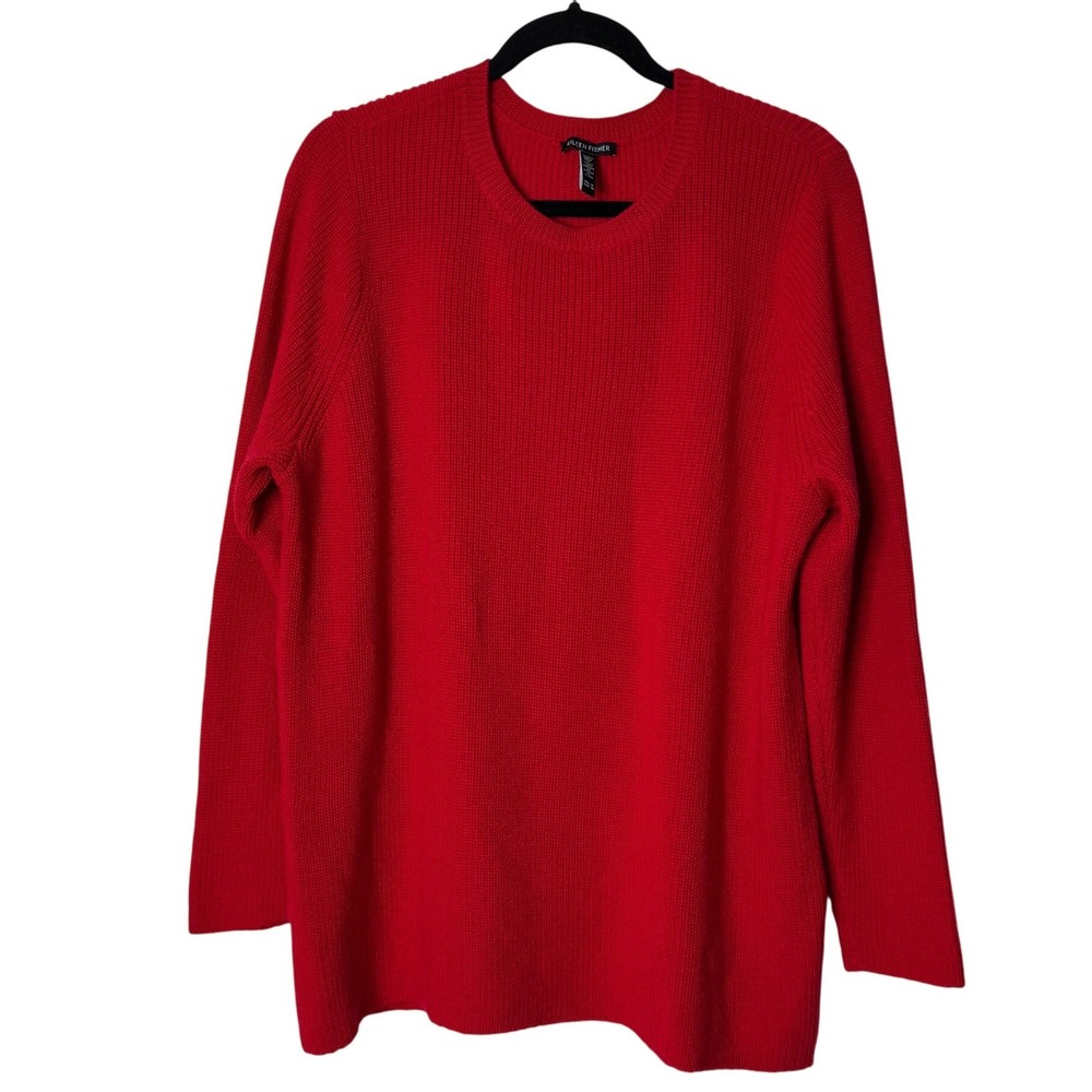 Eileen Fisher Red Extra Fine Merino Wool Ribbed Crew Neck Sweater Womens XL